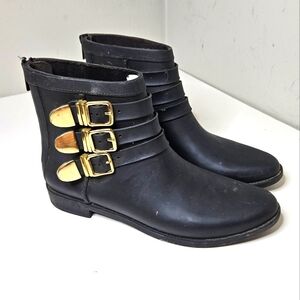 Randall Loeffler Rubber Rain Boots Black Gold Buckles Ankle Booties 8